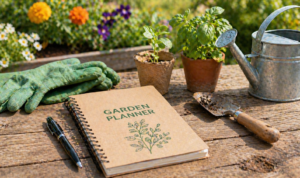 companion planting organic garden with vegetables and herbs