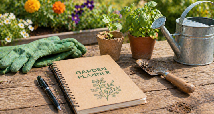 companion planting organic garden with vegetables and herbs