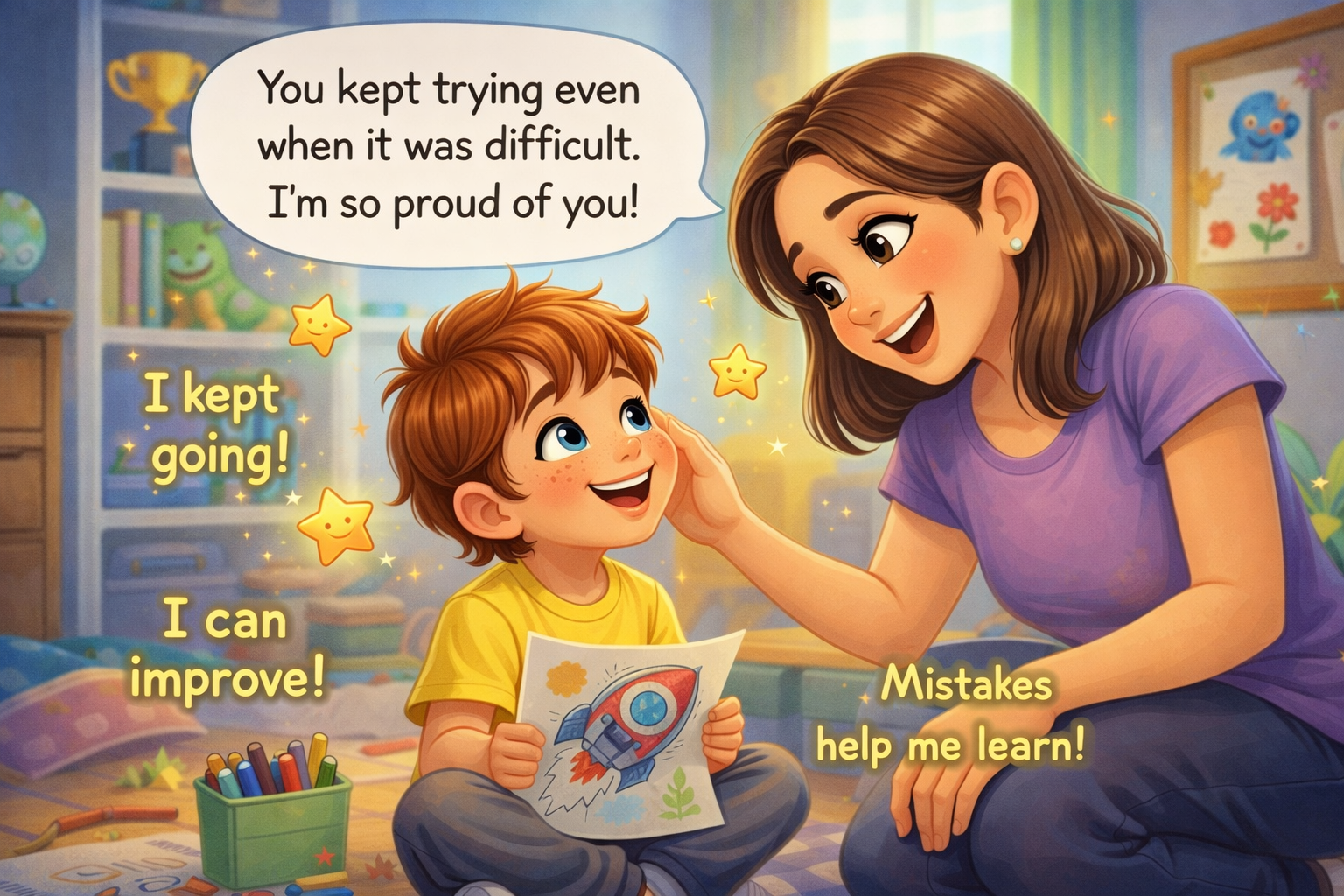 Encouraging words help children believe in themselves, turning effort and mistakes into confidence and growth